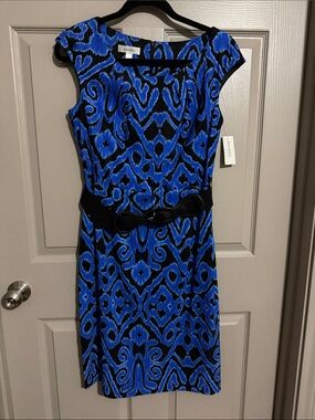 dressbarn Black and Electric Blue Cap Sleeve Midi Dress with Waist Belt